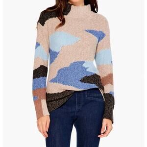 NIC+ZOE $158 Winter Waves Blue Tan Abstract Intarsia Mock Neck Sweater SZ XS